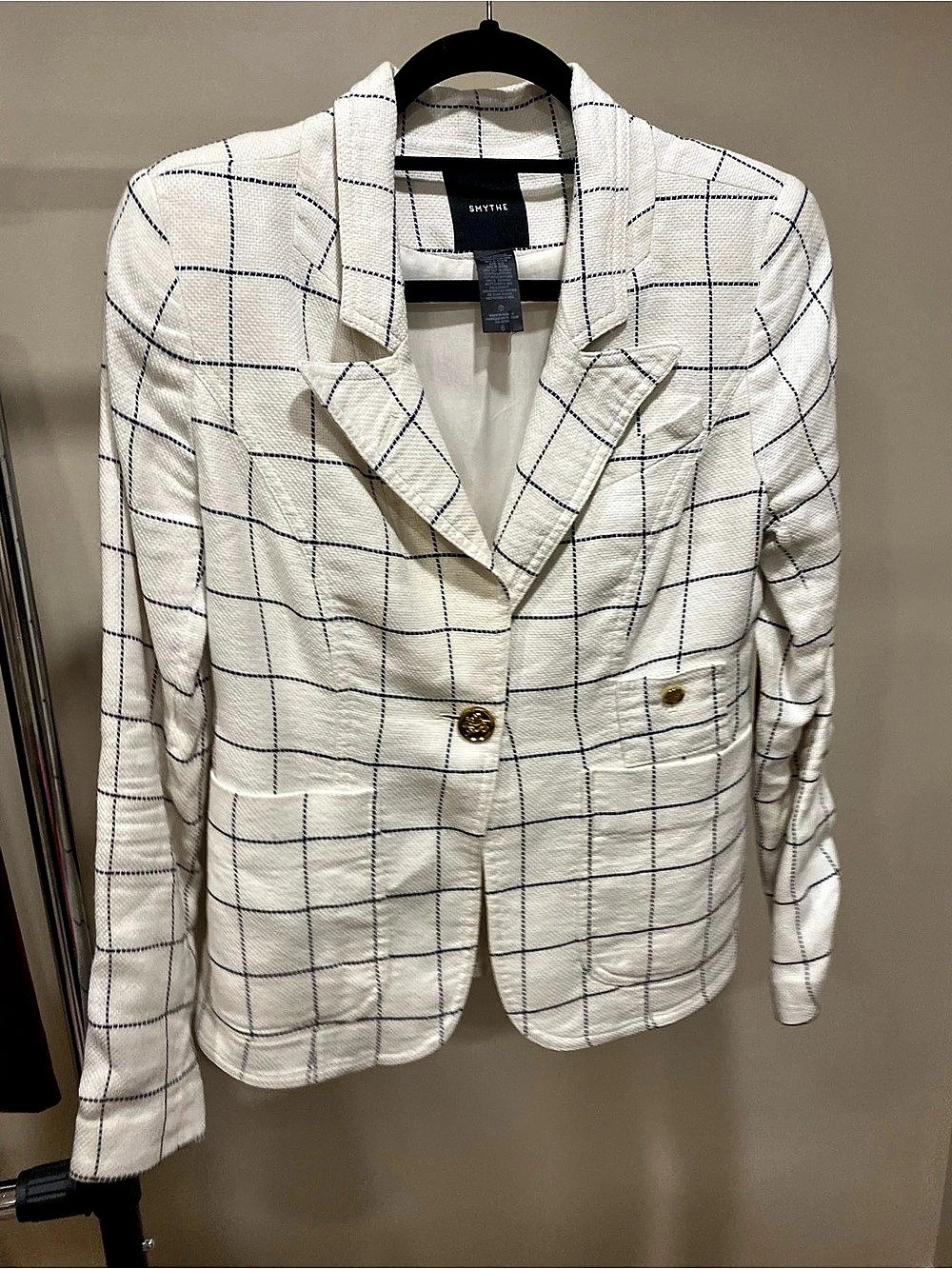 Smythe Linen Duchess Blazer with Leather Elbow Patches White & Blue Size 6